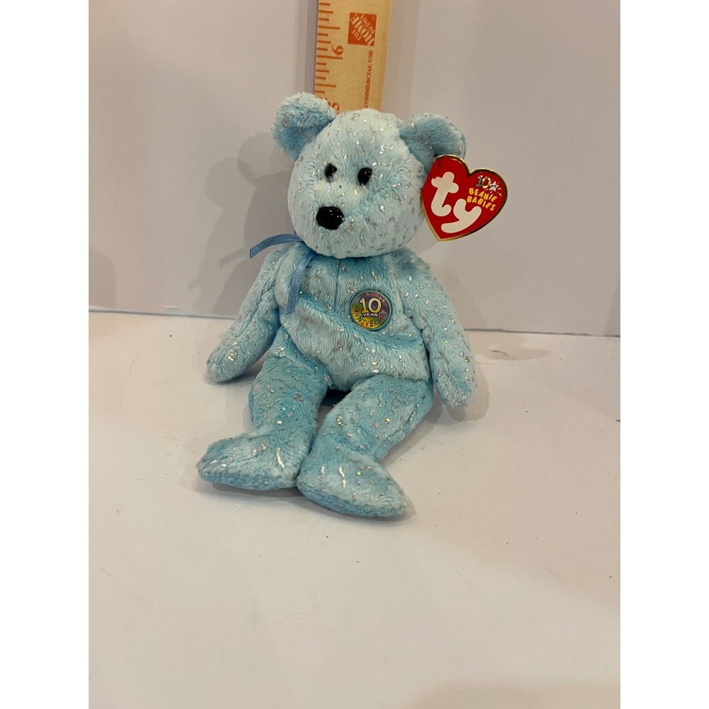 Ty Beanie Babies Decade Bear 10th Anniversary Light Blue Confetti Plush 2002